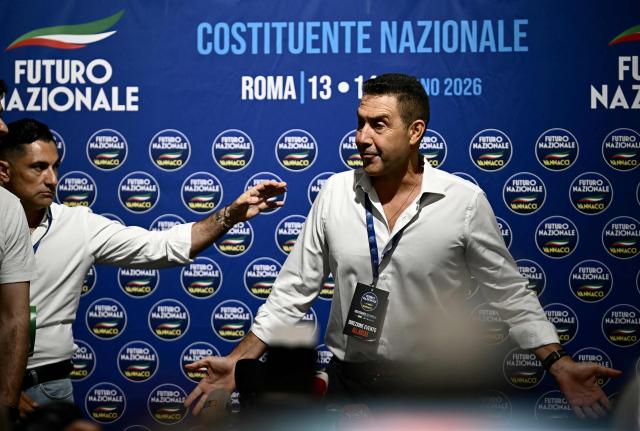 Member of the European Parliament and leader of the National Future (Futuro Nazionale) far-right party Roberto Vannacci, gives a press briefing after he addressed the party's constituent assembly in Rome on June 13, 2026. (Photo by Filippo MONTEFORTE / AFP)