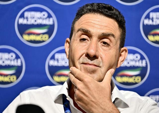 Member of the European Parliament and leader of the National Future (Futuro Nazionale) far-right party Roberto Vannacci, reacts during a press briefing after he addressed the party's constituent assembly in Rome on June 13, 2026. (Photo by Filippo MONTEFORTE / AFP)
