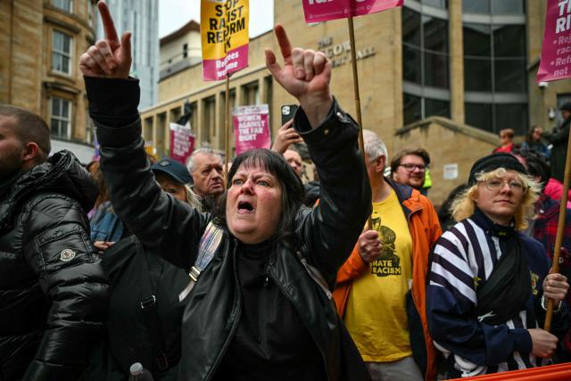 EDITORS NOTE: Graphic content / People take part in an anti-racism demonstration in central Glasgow, Scotland on June 13, 2026. (Photo by ANDY BUCHANAN / AFP)