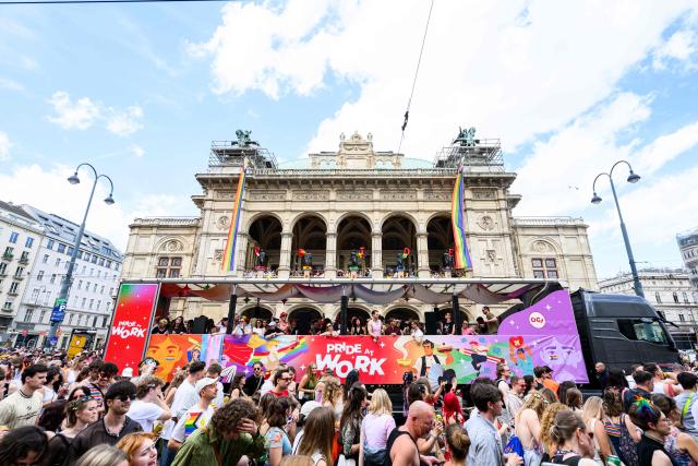 Participants mnarch in font of the opera during the 30th edition of the Vienna Pride Parade or Rainbow Parade in Vienna on June 13, 2026. The parade is an important political demonstration advocating for the rights of lesbian, gay, bisexual, transgender, intersex and queer people, according to organisers. (Photo by MAX SLOVENCIK / APA / AFP) / Austria OUT