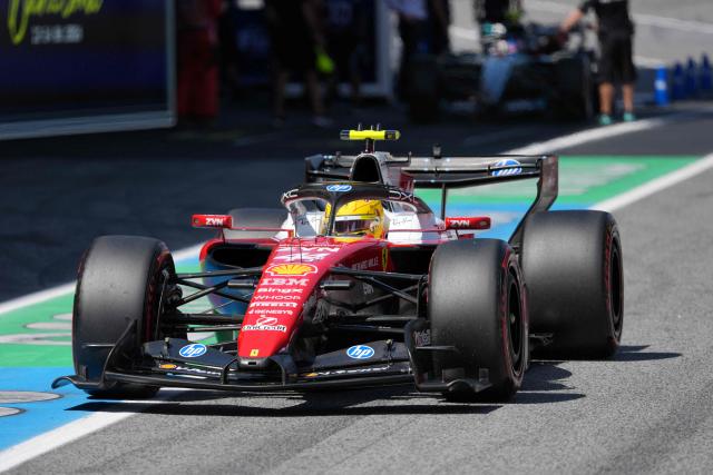 Ferrari's British driver Lewis Hamilton leaves the pit lane to compete in the qualifying session at the Circuit de Catalunya ahead of the Catalonia Formula One Grand Prix in Montmelo, on the outskirts of Barcelona, on June 13, 2026. (Photo by Manaure QUINTERO / POOL / AFP)