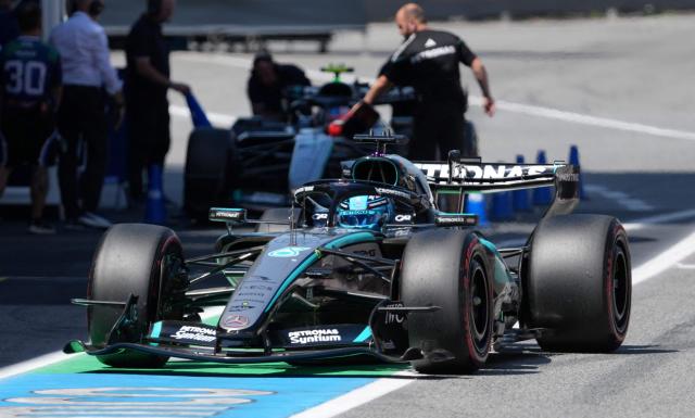 Mercedes' British driver George Russell leaves the pit lane to compete in the qualifying session at the Circuit de Catalunya ahead of the Catalonia Formula One Grand Prix in Montmelo, on the outskirts of Barcelona, on June 13, 2026. (Photo by Manaure QUINTERO / POOL / AFP)