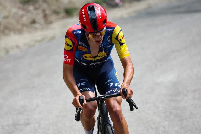 Lidl-Trek's Spanish rider Juan Ayuso cycles in a breakaway in the final ascent of Grand Colombier during the 7th stage of the Tour Auvergne-Rhone-Alpes cycling race (formerly known as the Criterium du Dauphine), 133,6km between La Bridoire and Grand Colombier in the French Alps on June 13, 2026. (Photo by Anne-Christine POUJOULAT / AFP)