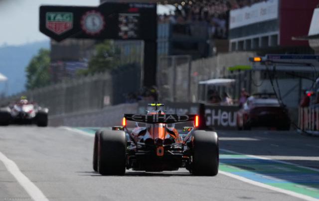 McLaren's British driver Lando Norris leaves the pit lane to compete in the qualifying session at the Circuit de Catalunya ahead of the Catalonia Formula One Grand Prix in Montmelo, on the outskirts of Barcelona, on June 13, 2026. (Photo by Manaure QUINTERO / POOL / AFP)