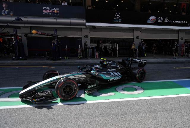 Mercedes' Italian driver Kimi Antonelli leaves the pit lane to compete in the qualifying session at the Circuit de Catalunya ahead of the Catalonia Formula One Grand Prix in Montmelo, on the outskirts of Barcelona, on June 13, 2026. (Photo by Manaure QUINTERO / POOL / AFP)