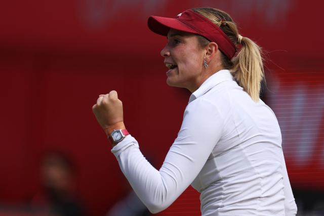 Croatia's Donna Vekic reacts against Britain's Katie Boulter during their women's singles semi-final tennis match at the HSBC WTA Championships at Queen's Club in west London on June 13, 2026. (Photo by Adrian Dennis / AFP)