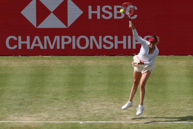 Croatia's Donna Vekic serves against Britain's Katie Boulter during their women's singles semi-final tennis match at the HSBC WTA Championships at Queen's Club in west London on June 13, 2026. (Photo by Adrian Dennis / AFP)