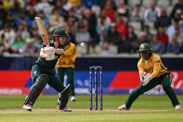 Australia's Nicola Carey (L) bats during the ICC Women's T20 cricket world cup 2026 game between Australia and South Africa, at Old Trafford in Manchester, north-west England on June 13, 2026. (Photo by Oli SCARFF / AFP)