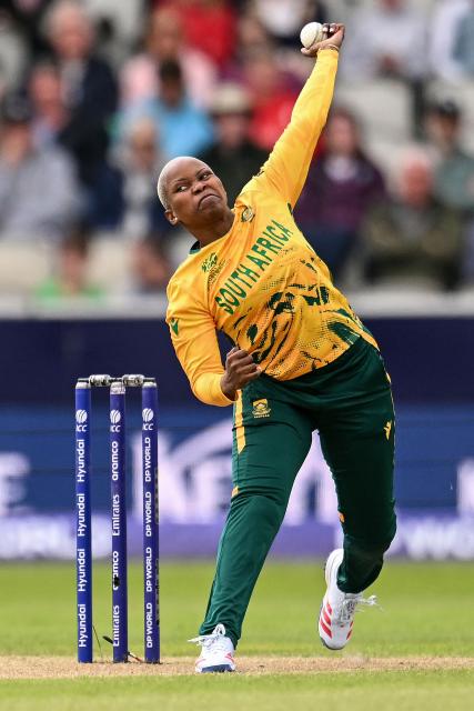 South Africa's Nonkululeko Mlaba bowls during the ICC Women's T20 cricket world cup 2026 game between Australia and South Africa, at Old Trafford in Manchester, north-west England on June 13, 2026. (Photo by Oli SCARFF / AFP)
