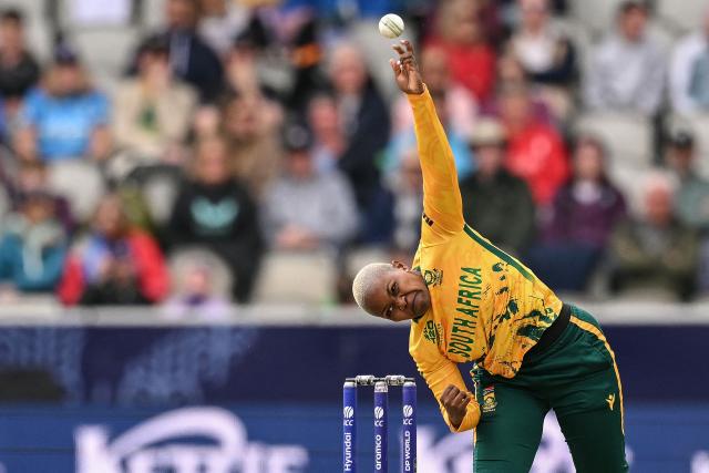 South Africa's Nonkululeko Mlaba bowls during the ICC Women's T20 cricket world cup 2026 game between Australia and South Africa, at Old Trafford in Manchester, north-west England on June 13, 2026. (Photo by Oli SCARFF / AFP)