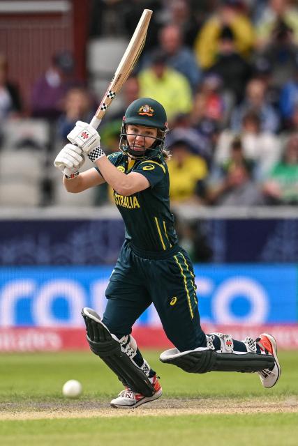 Australia's Nicola Carey plays a shot during the ICC Women's T20 cricket world cup 2026 game between Australia and South Africa, at Old Trafford in Manchester, north-west England on June 13, 2026. (Photo by Oli SCARFF / AFP)