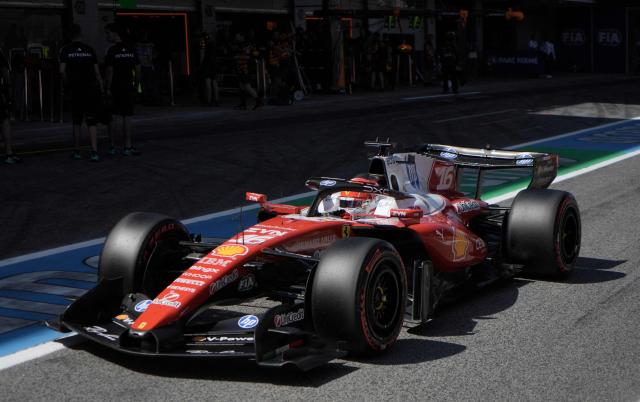 Ferrari's Monegasque driver Charles Leclerc leaves the pit lane to compete in the qualifying session at the Circuit de Catalunya ahead of the Catalonia Formula One Grand Prix in Montmelo, on the outskirts of Barcelona, on June 13, 2026. (Photo by Manaure QUINTERO / POOL / AFP)