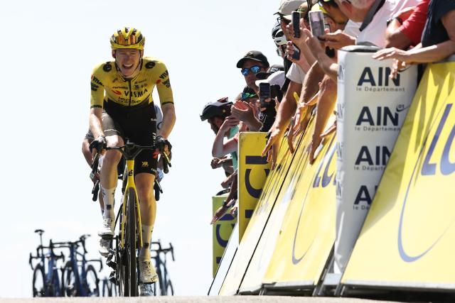 Team Visma | Lease a Bike's US rider Matteo Jorgenson cycles to the finish line of the 7th stage of the Tour Auvergne-Rhone-Alpes cycling race (formerly known as the Criterium du Dauphine), 133,6km between La Bridoire and Grand Colombier in the French Alps on June 13, 2026. (Photo by Anne-Christine POUJOULAT / AFP)