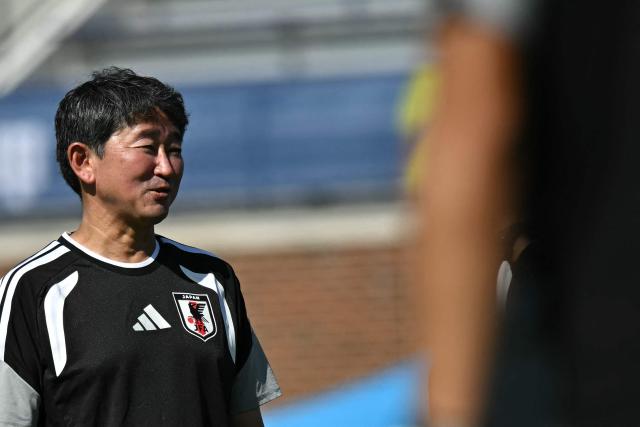 Japan's head coach Hajime Moriyasu takes part in a training session ahead of Japan's 2026 World Cup football tournament Group F football match against the Netherlands in Dallas on June 13, 2026.  (Photo by Paul ELLIS / AFP)