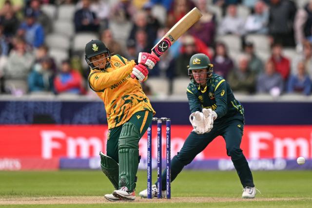 South Africa's Suné Luus (L) bats during the ICC Women's T20 cricket world cup 2026 game between Australia and South Africa, at Old Trafford in Manchester, north-west England on June 13, 2026. (Photo by Oli SCARFF / AFP)