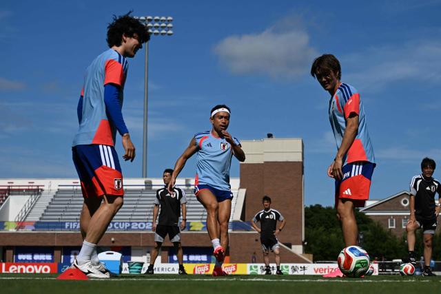 Japan's defender #05 Yuto Nagatomo (C) takes part in a training session ahead of Japan's 2026 World Cup football tournament Group F football match against the Netherlands in Dallas on June 13, 2026.  (Photo by Paul ELLIS / AFP)