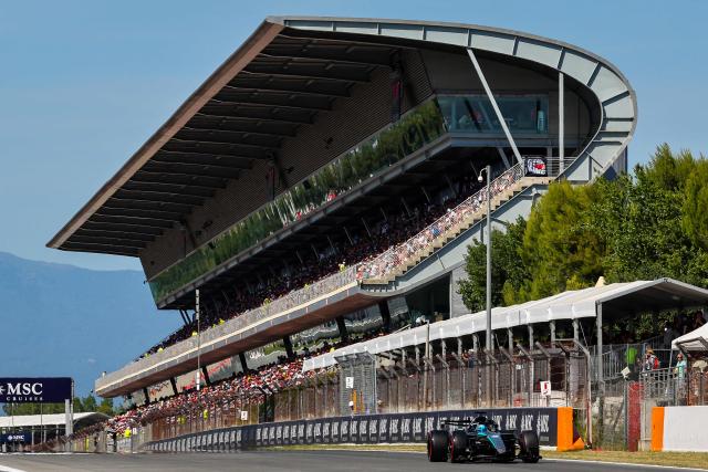 Mercedes' British driver George Russell takes part in the qualifying session at the Circuit de Catalunya ahead of the Catalonia Formula One Grand Prix in Montmelo, on the outskirts of Barcelona, on June 13, 2026. (Photo by Josep LAGO / AFP)