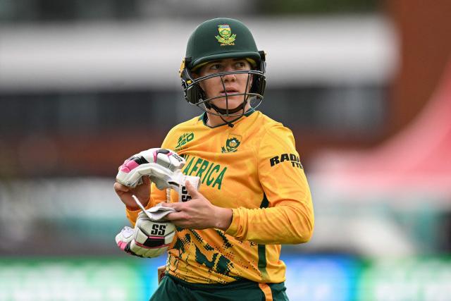 South Africa's Nadine de Klerk walks off after being dismissed during the ICC Women's T20 cricket world cup 2026 game between Australia and South Africa, at Old Trafford in Manchester, north-west England on June 13, 2026. (Photo by Oli SCARFF / AFP)