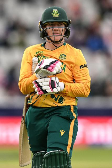 South Africa's Nadine de Klerk walks off after being dismissed during the ICC Women's T20 cricket world cup 2026 game between Australia and South Africa, at Old Trafford in Manchester, north-west England on June 13, 2026. (Photo by Oli SCARFF / AFP)