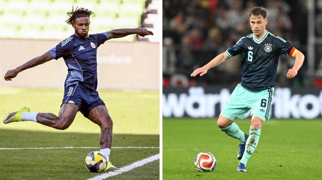 (COMBO) This combination of files photos created on June 13, 2026, shows Curacao's Leandro Bacuna in Melbourne on March 30, 2026 (L); and Germany’s defender #06 Joshua Kimmich in Stuttgart on March 30, 2026. Germany and Curacao will meet in a 2026 World Cup Group E football match at the Houston Stadium in Houston on June 14, 2026. (Photo by William WEST and Thomas KIENZLE / AFP)
