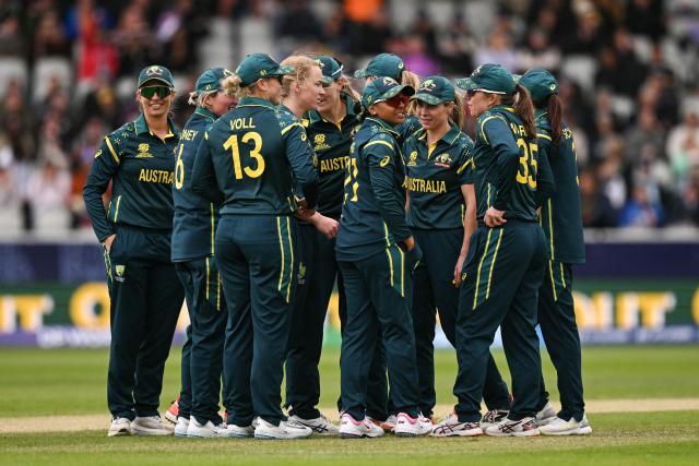 Australia celebrate the dismissal of South Africa's Annerie Dercksen (not pictured) during the ICC Women's T20 cricket world cup 2026 game between Australia and South Africa, at Old Trafford in Manchester, north-west England on June 13, 2026. (Photo by Oli SCARFF / AFP)