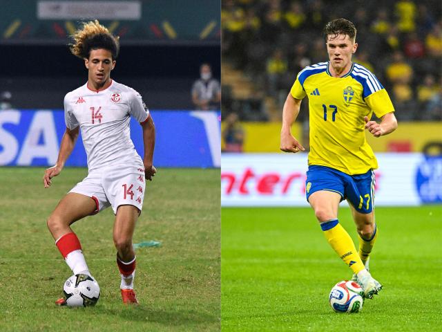 This combination of pictures created on June 13, 2026 shows Tunisia's midfielder Hannibal Mejbri  in Limbe on January 20, 2022 (L) and Sweden's forward #17 Viktor Gyokeres in Solna on June 4, 2026. The two sides meet on June 14 in their opening 2026 World Cup football tournament Group F match in Monterrey. (Photo by Issouf SANOGO and Jonathan NACKSTRAND / AFP)
