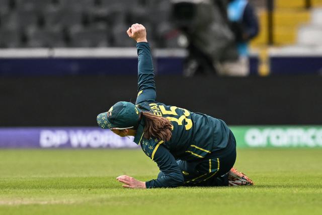 Australia's Georgia Wareham takes the catch to dismiss South Africa's captain Laura Wolvaardt (not pictured) during the ICC Women's T20 cricket world cup 2026 game between Australia and South Africa, at Old Trafford in Manchester, north-west England on June 13, 2026. (Photo by Oli SCARFF / AFP)