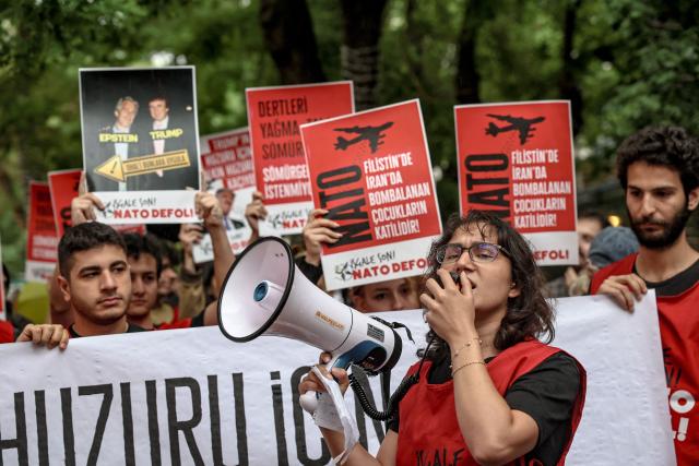Demonstrators take part in a rally against the upcoming NATO Summit early July in Ankara, on June 13, 2026. US Secretary of State confirmed the US President would attend the July 7-8 summit in the Turkish capital, as concerns linger about Washington's commitment to the transatlantic alliance. (Photo by Adem ALTAN / AFP)