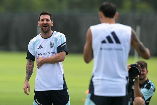 Argentina's forward #10 Lionel Messi takes part in a training session during the 2026 World Cup football tournament, in Kansas City on June 13, 2026.  (Photo by JUAN MABROMATA / AFP)