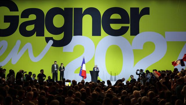 European Climate Foundation CEO Laurence Tubiana delivers a speech during a political rally of French centre-left party Place publique ahead of the April 2027 French presidential election in Aubervilliers, a northern suburb of Paris, on June 13, 2026. (Photo by Kenzo TRIBOUILLARD / AFP)