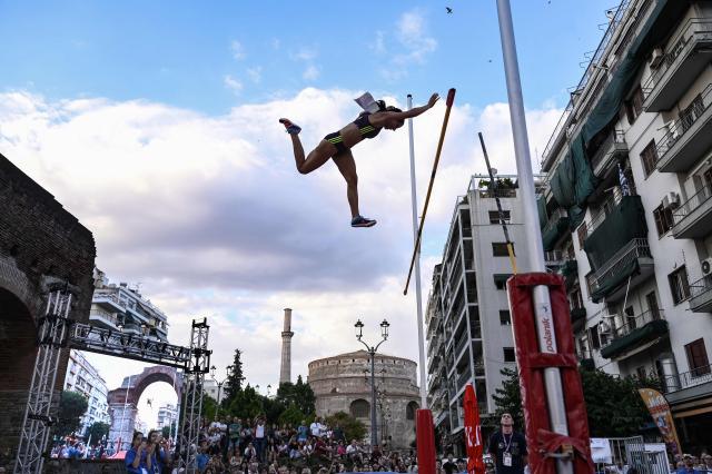 Katerina Stefanidi from Greece competes in the International pole vault competition entitled "Fly in SKg sky" next to Arch of Galerius, in Thessaloniki on June 13, 2026. (Photo by Sakis Mitrolidis / AFP)