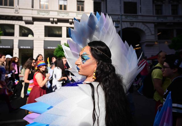 A participant in costume attends the Bucharest Pride march in Bucharest June 13, 2026. Tens of thousands of participants march with rainbow flags down Calea Victoriei during the 21st annual Bucharest Pride march, demanding equal rights and legal recognition for same-sex couples in Romania. (Photo by Daniel MIHAILESCU / AFP)