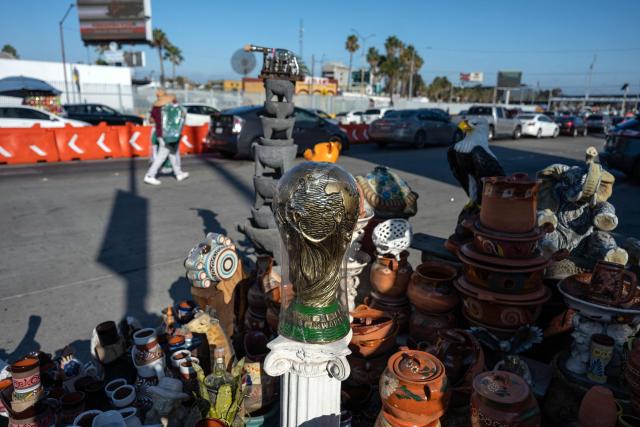 A replica of the FIFA trophy is in display for sale at the San Ysidro crossing port on the Mexican side of the border in Tijuana on June 13, 2026. (Photo by Guillermo Arias / AFP)
