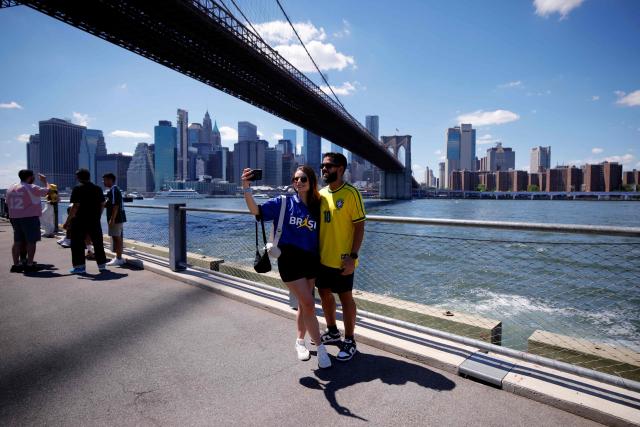 Fans gather ahead of a watch party for the 2026 World Cup football tournament match between Brazil and Morocco, at the FIFA Fan Zone in the Brooklyn borough of New York City, on June 13, 2026. (Photo by Leonardo MUNOZ / AFP)