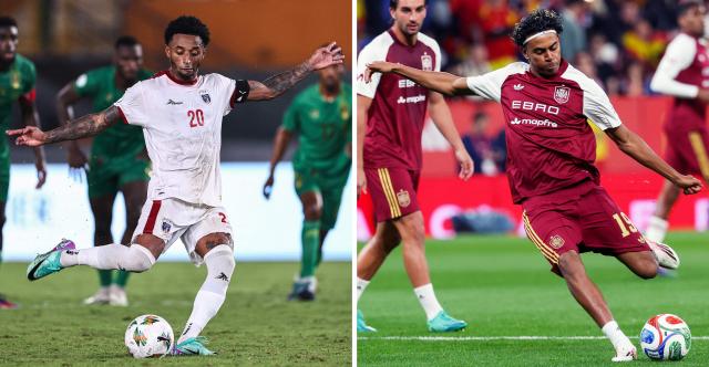 (COMBO) This combination of file photos created on June 13, 2026, shows Cape Verde's forward #20 Ryan Mendes in Abidjan on January 29, 2024 (L); and Spain's forward #19 Lamine Yamal in Cornella de Llobregat on March 31, 2026. Spain and Cape Verde will meet in a 2026 World Cup Group H football match at the Atlanta Stadium in Atlanta on June 15, 2026. (Photo by Franck FIFE and Lluis GENE / AFP)