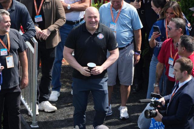 UFC President and CEO Dana White looks on before a motorsports athlete and stunt performer does a motorcycle jump, ahead of Sunday's UFC Freedom 250 fights on the South Lawn of the White House in Washington, DC, on June 13, 2026. (Photo by Mark Schiefelbein / POOL / AFP)