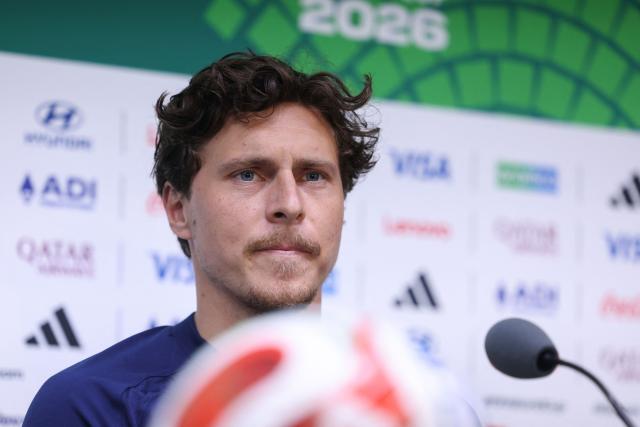 Sweden's defender #03 Victor Lindelof gives a press conference on the eve of Sweden's 2026 World Cup football tournament Group F football match against Tunisia at Monterrey Stadium in Monterrey, Mexico on June 13, 2026. (Photo by Julio Cesar AGUILAR / AFP)