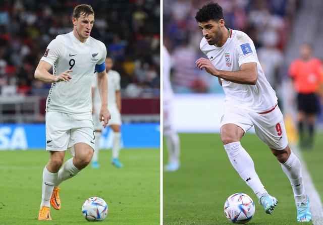 (COMBO) This combination of file photos created on June 13, 2026 shows New Zealand's forward Chris Wood in Ar-Rayyan on June 14, 2022 (L); and Iran's forward #09 Mehdi Taremi in Doha on November 29, 2022 (L). Iran will meet New Zealand in a 2026 World Cup Group G football match at the Los Angeles Stadium in Inglewood on June 15, 2026. (Photo by Karim JAAFAR and Fadel SENNA / AFP)