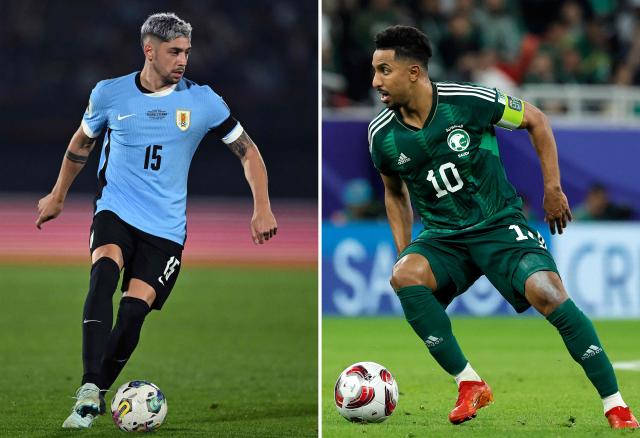 (COMBO) This combination of file photos created on June 13, 2026, shows Uruguay's midfielder Federico Valverde in Montevideo, on September 6, 2024 (L); and Saudi Arabia's midfielder #10 Salem al-Dawsari in Al-Rayyan on January 21, 2024. Saudi Arabia and Uruguay will meet in a 2026 World Cup Group H football match at the Miami Stadium in Miami Gardens on June 15, 2026. (Photo by Eitan ABRAMOVICH / AFP)