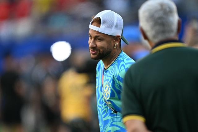 Brazil's forward #10 Neymar gestures during a warm up ahead of the 2026 World Cup Group C football match between Brazil and Morocco at the New York/New Jersey Stadium in East Rutherford on June 13, 2026. (Photo by Mauro PIMENTEL / AFP)