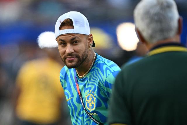 Brazil's forward #10 Neymar gestures during a warm up ahead of the 2026 World Cup Group C football match between Brazil and Morocco at the New York/New Jersey Stadium in East Rutherford on June 13, 2026. (Photo by Mauro PIMENTEL / AFP)
