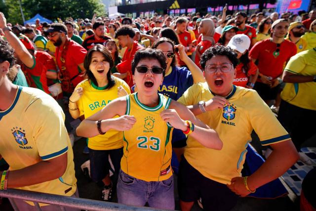 Brazil fans attend a watch party for the 2026 World Cup football tournament match between Brazil and Morocco at the FIFA Fan Zone in Brooklyn, New York, on June 13, 2026. (Photo by Leonardo MUNOZ / AFP)