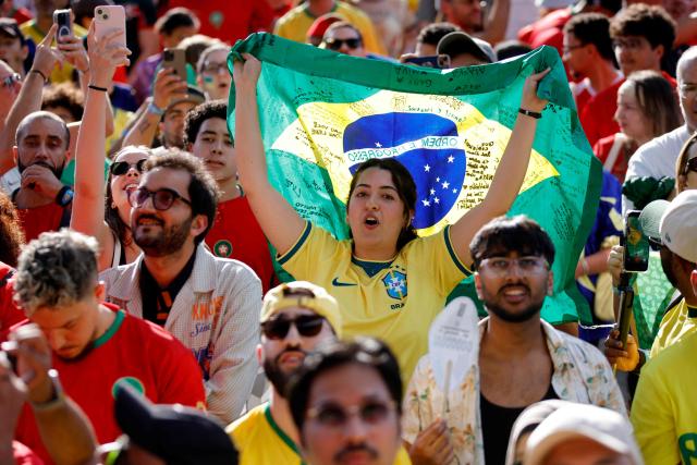 Brazil and Morocco fans attend a watch party for the 2026 World Cup football tournament match between Brazil and Morocco at the FIFA Fan Zone in Brooklyn, New York, on June 13, 2026. (Photo by Leonardo MUNOZ / AFP)