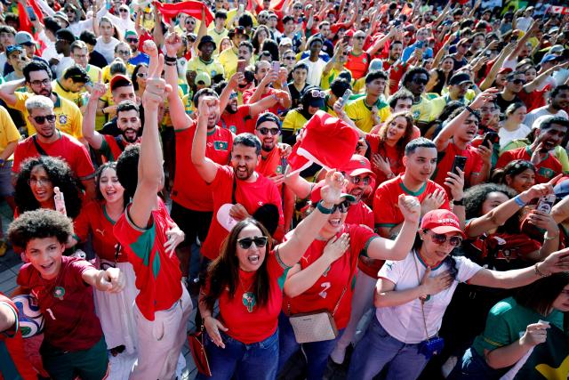 Brazil and Morocco fans attend a watch party for the 2026 World Cup football tournament match between Brazil and Morocco at the FIFA Fan Zone in Brooklyn, New York, on June 13, 2026. (Photo by Leonardo MUNOZ / AFP)
