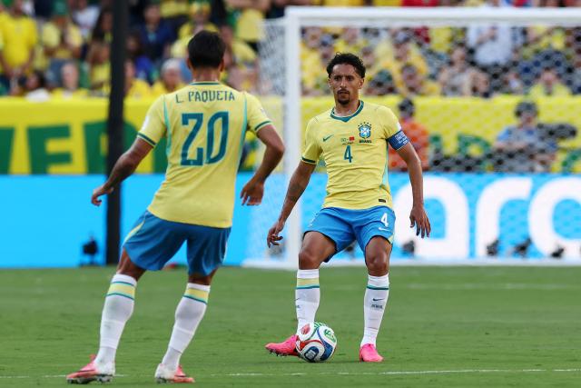 Brazil's defender #04 Marquinhos controls the ball during the 2026 World Cup Group C football match between Brazil and Morocco at the New York/New Jersey Stadium in East Rutherford on June 13, 2026. (Photo by CHARLY TRIBALLEAU / AFP)