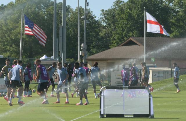 England players attend a training session ahead of England's 2026 World Cup football tournament Group L football match against Croatia at Swope Soccer Village in Kansas City on June 13, 2026.  (Photo by JUAN MABROMATA / AFP)