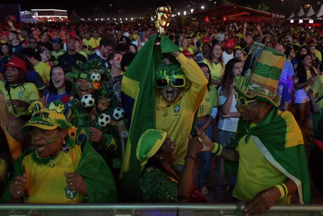 Brazilian fans watch the live broadcast of the 2026 World Cup football match between Brazil and Morocco at the Copacabana Arena in Rio de Janeiro, Brazil, on June 13 2026. (Photo by NELSON ALMEIDA / AFP)