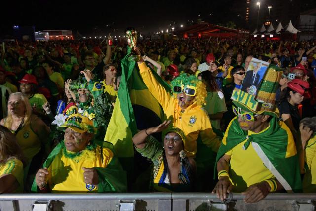 Brazilian fans watch the live broadcast of the 2026 World Cup football match between Brazil and Morocco at the Copacabana Arena in Rio de Janeiro, Brazil, on June 13 2026. (Photo by NELSON ALMEIDA / AFP)