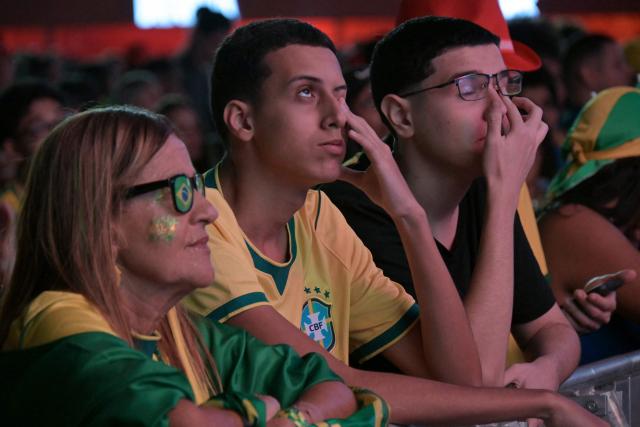 Brazilian fans watch the live broadcast of the 2026 World Cup football match between Brazil and Morocco at the Copacabana Arena in Rio de Janeiro, Brazil, on June 13 2026. (Photo by NELSON ALMEIDA / AFP)