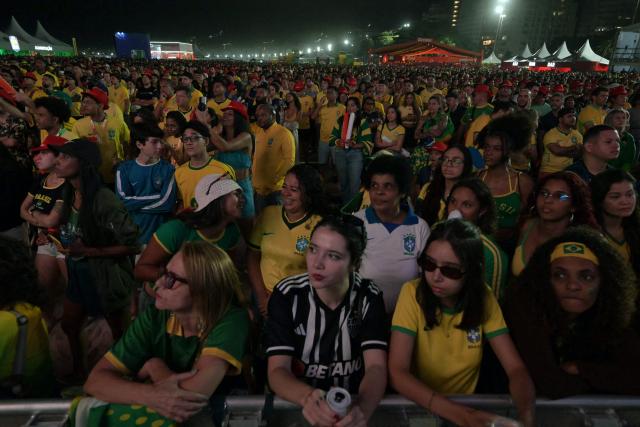 Brazilian fans watch the live broadcast of the 2026 World Cup football match between Brazil and Morocco at the Copacabana Arena in Rio de Janeiro, Brazil, on June 13 2026. (Photo by NELSON ALMEIDA / AFP)